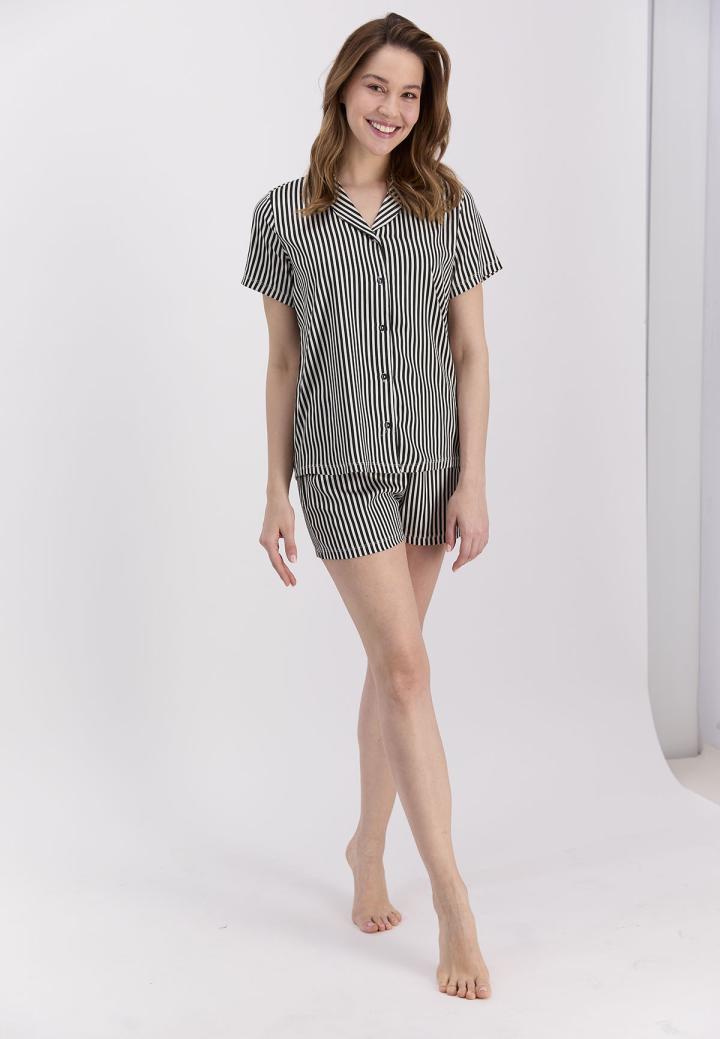 Pijama Dama Bumbac Pierre Cardin, Camasa și Short cu Dungi Negre