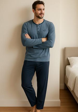 Pijama bărbat bumbac – mânecă lungă, pantalon lung , albastru deschis