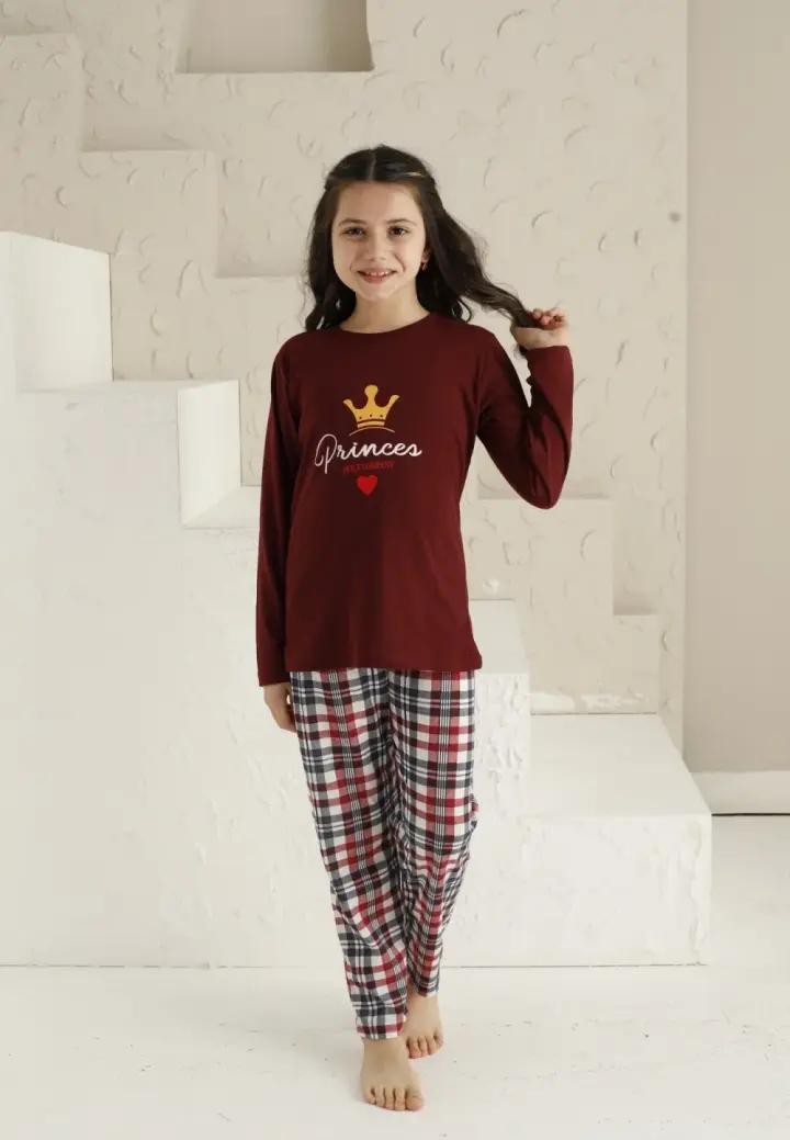 Pijama Fete Mânecă Lungă și Pantaloni Lungi, Bordo cu Imprimeu Princess