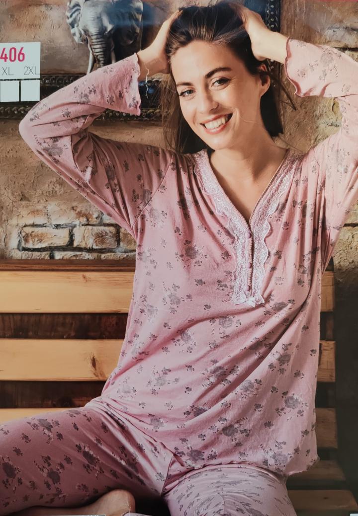 Pijama damă bambus roz pudră – mânecă lungă și pantaloni lungi