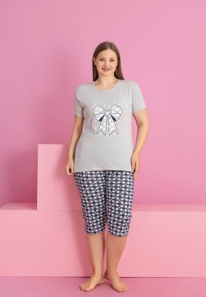 Pijama bumbac damă mărimi mari, mânecă scurtă, pantalon 3/4 – Fundița, Gri